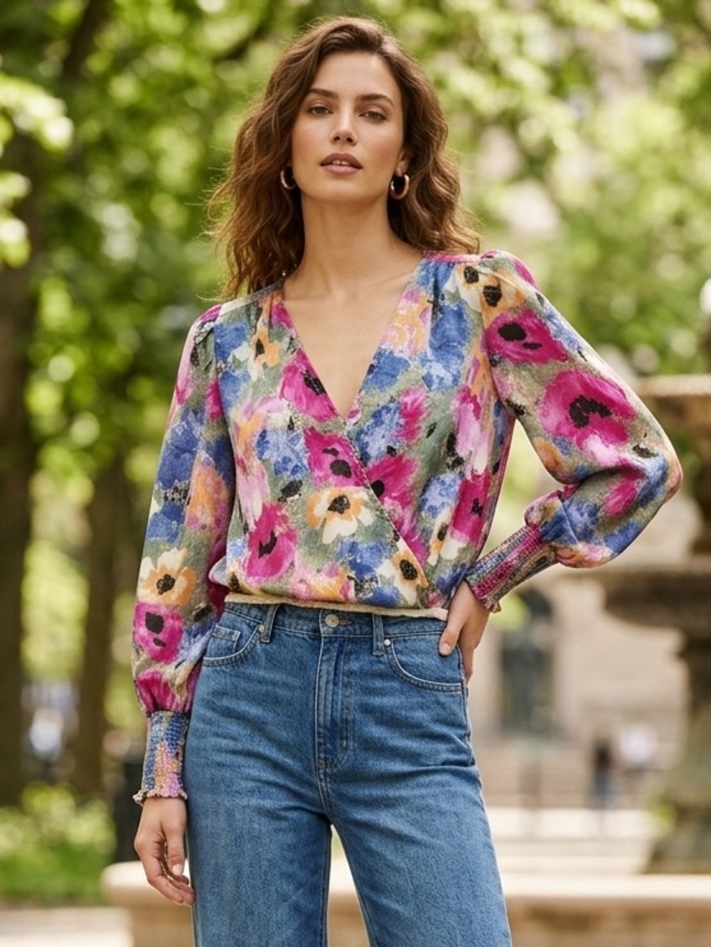 entro Floral Watercolor Faux-Wrap Blouse